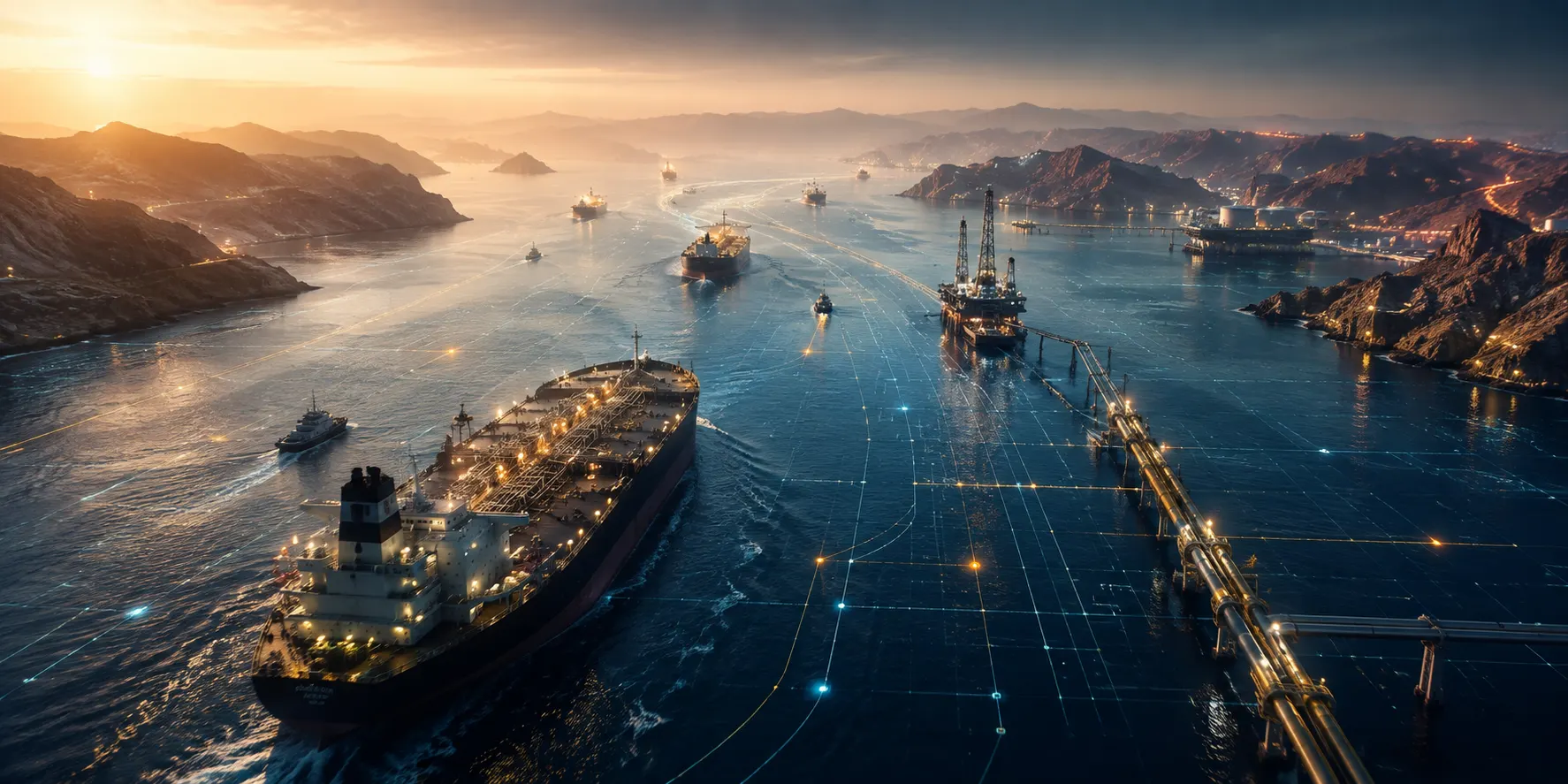 Oil tankers and illuminated digital routes through a strategic shipping corridor